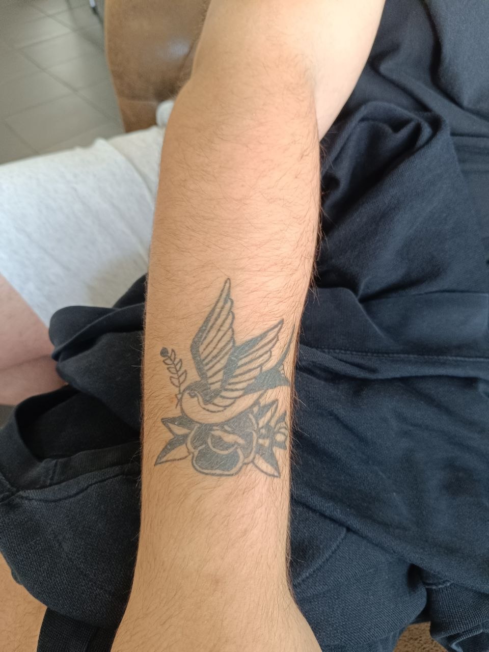 Oldschool Traditional Schwalbe in black and grey auf dem Unterarm