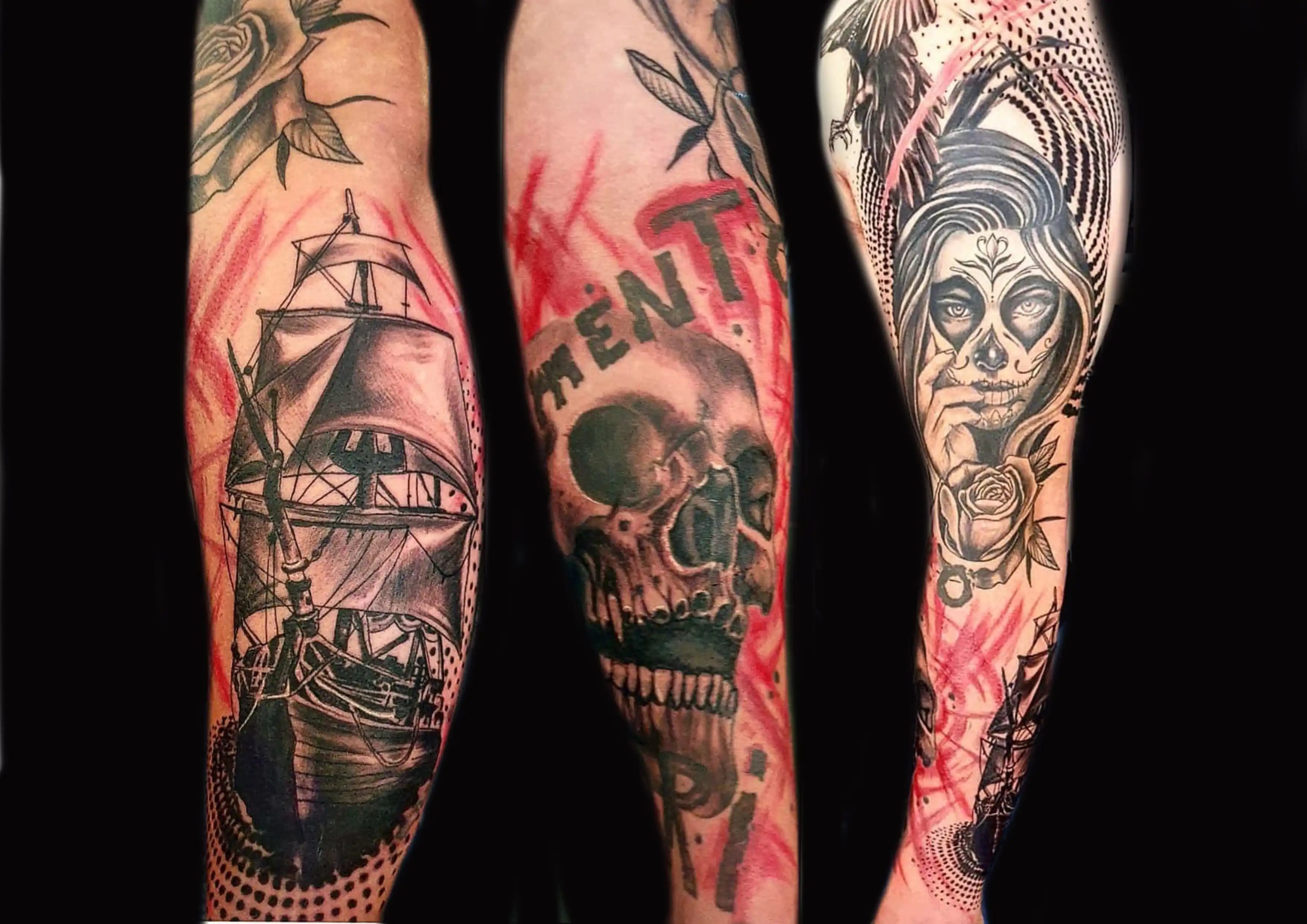 Tattoo in Trashpolka mit Schiff und Totenkopf