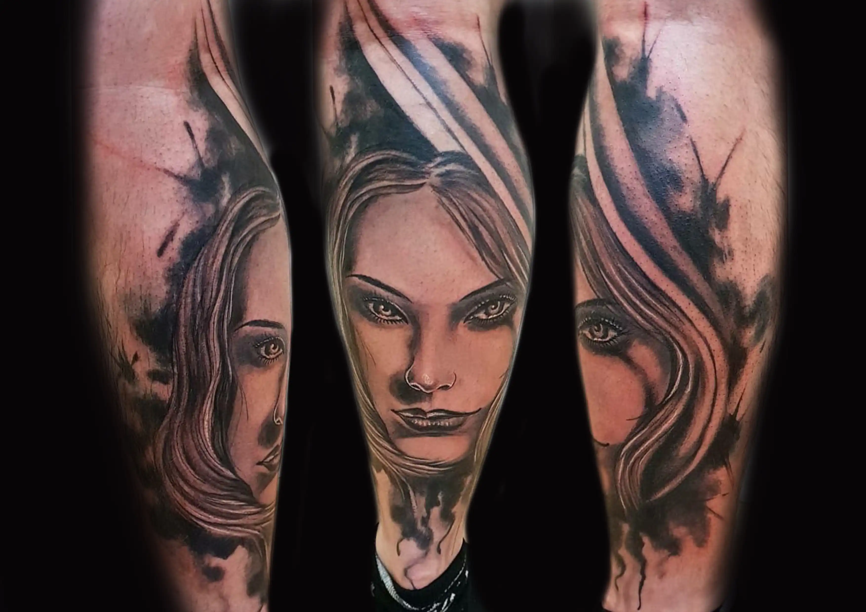 Tattoo von einem Portrait auf einer Wade